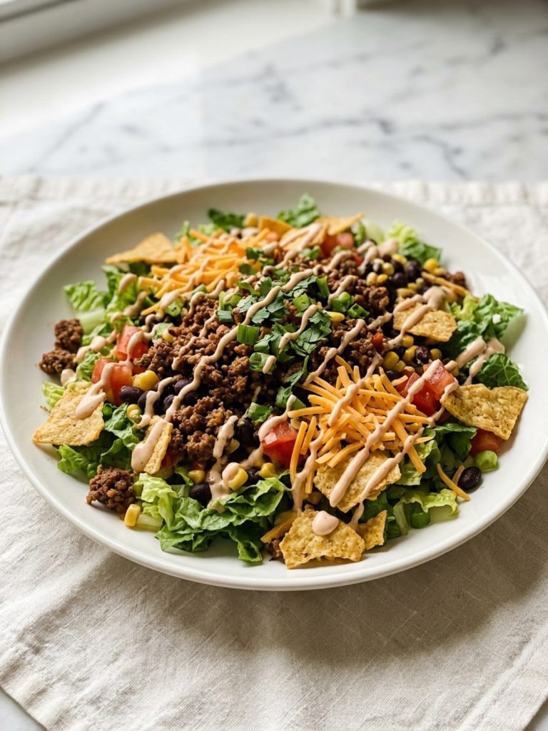 A taco salad drizzled with chipotle ranch dressing on a plate