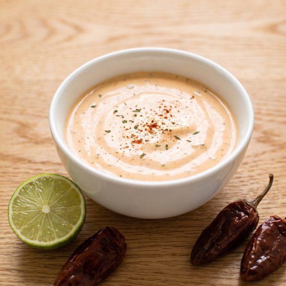 A bowl of creamy orange chipotle ranch dressing with lime and dried herbs