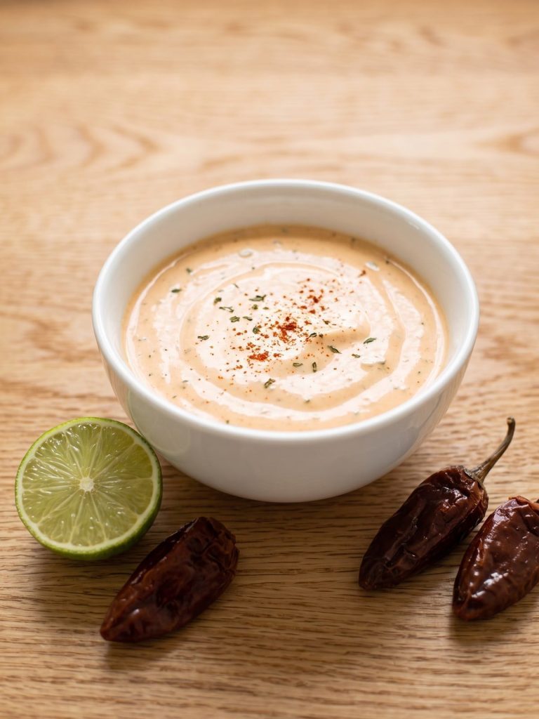 A bowl of creamy orange chipotle ranch dressing with lime and dried herbs
