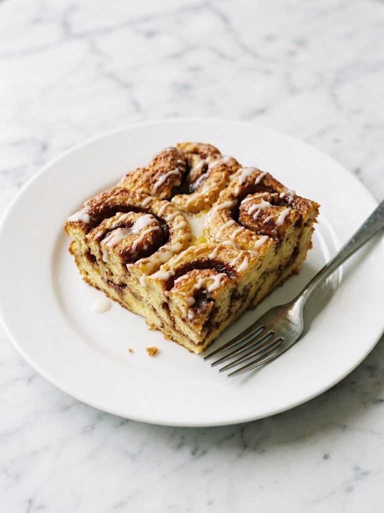 A white plate with a square of cinnamon roll casserole with a golden top and white icing