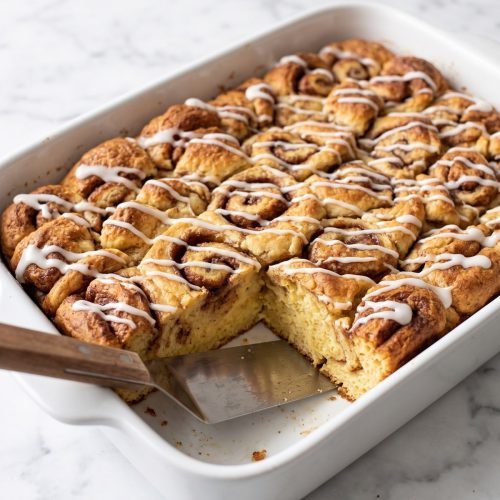 A baking dish of cinnamon roll casserole with a golden top, white icing and one square cut out