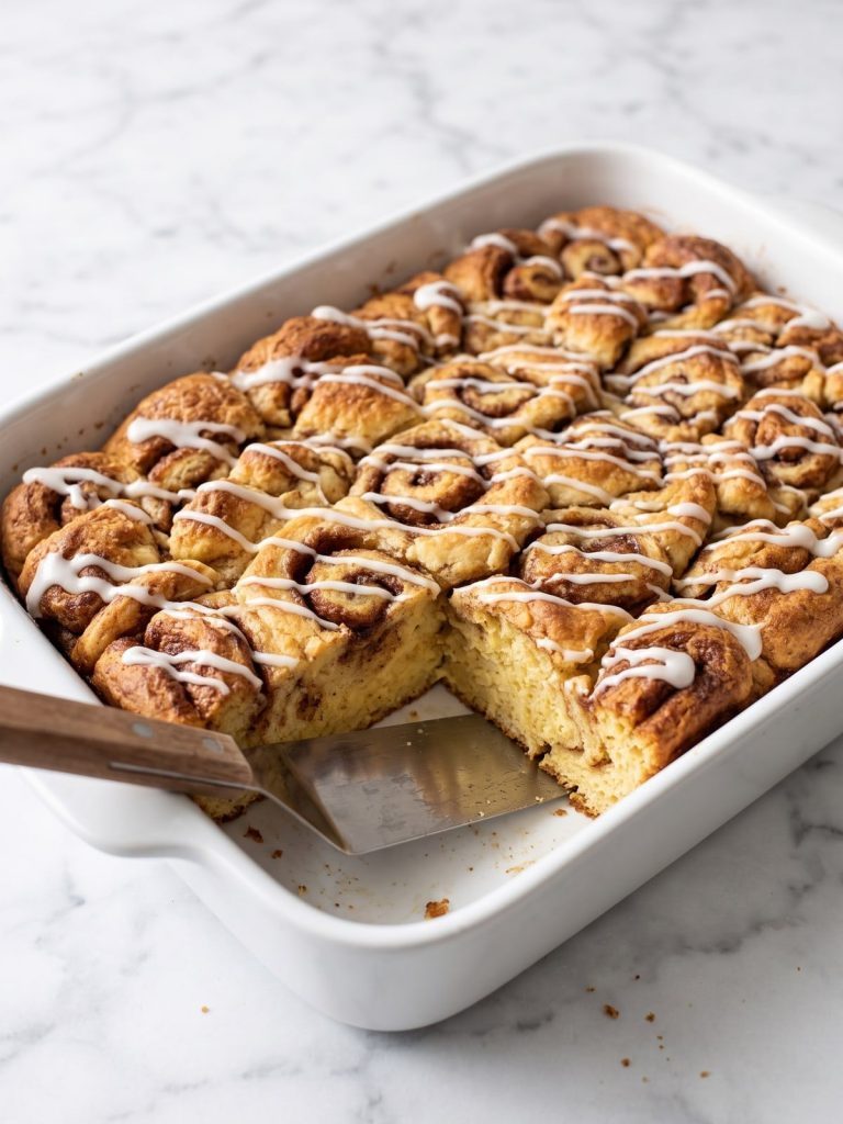A baking dish of cinnamon roll casserole with a golden top, white icing and one square cut out