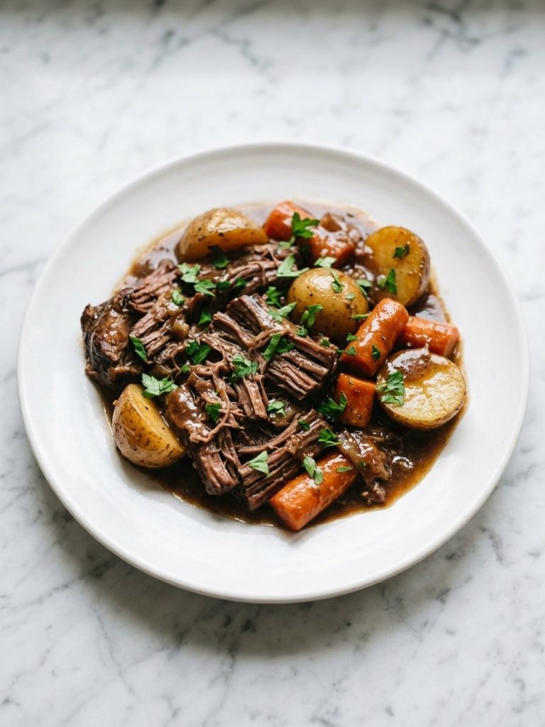 A plate of shredded pot roast with potatoes, carrots and brown gravy