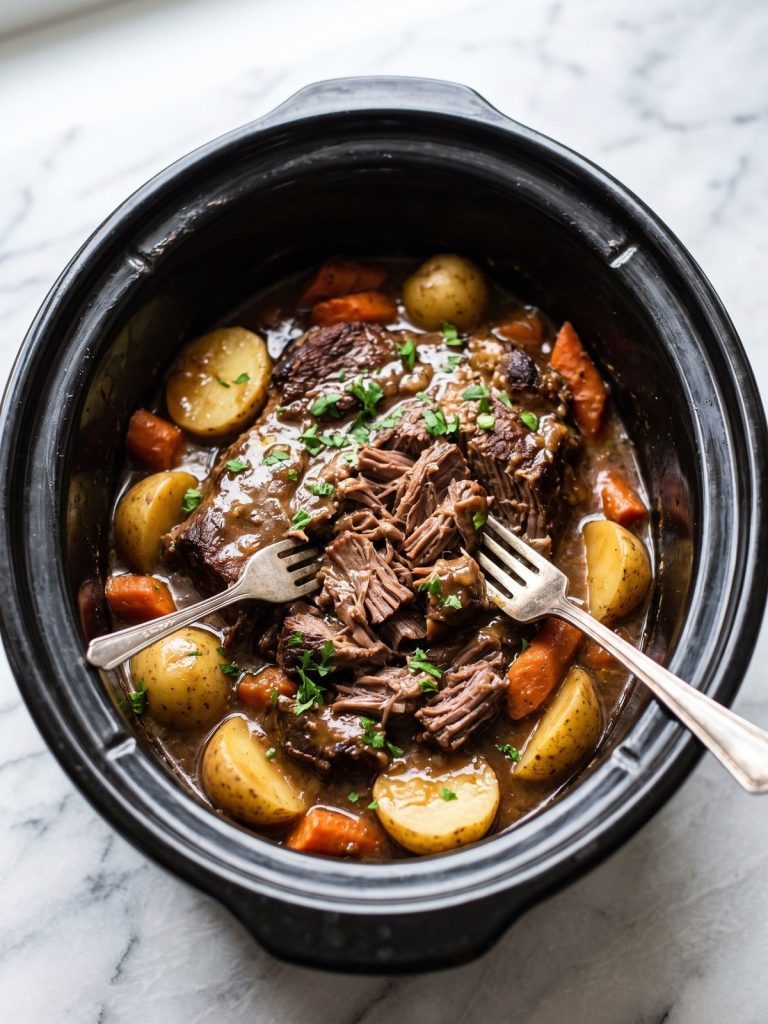 A slow cooker of tender shredded chuck roast with baby potatoes and carrots in a glossy brown gravy