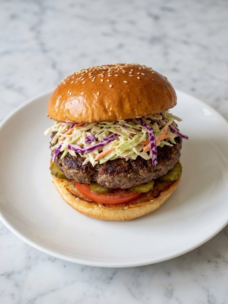 A whole hamburger on a white plate with creamy green and purple coleslaw piled on the patty under the top bun