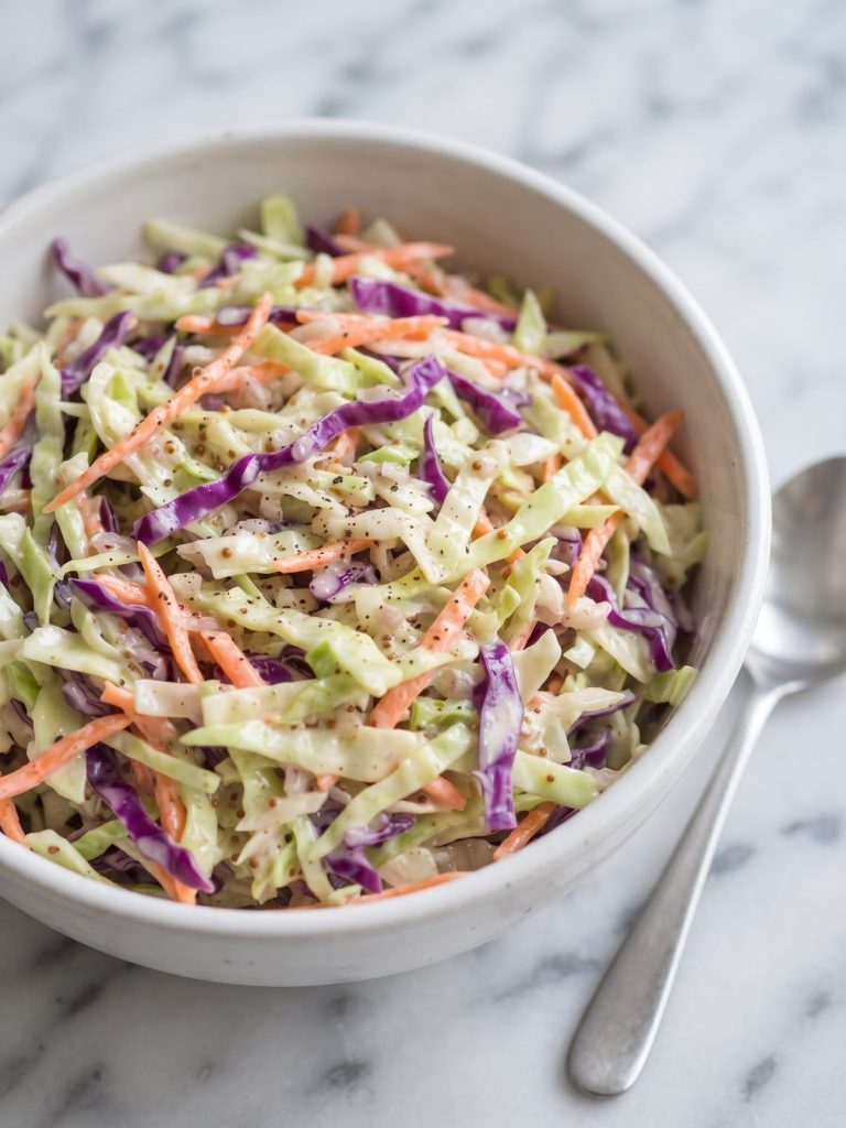 A white bowl filled with creamy coleslaw of green cabbage, purple cabbage and shredded carrot
