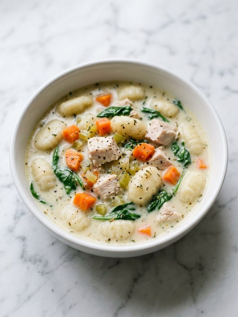 A white bowl of creamy chicken and gnocchi soup