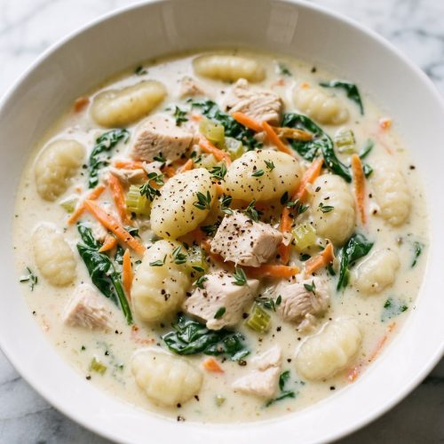 A bowl of creamy chicken gnocchi soup with spinach and carrots