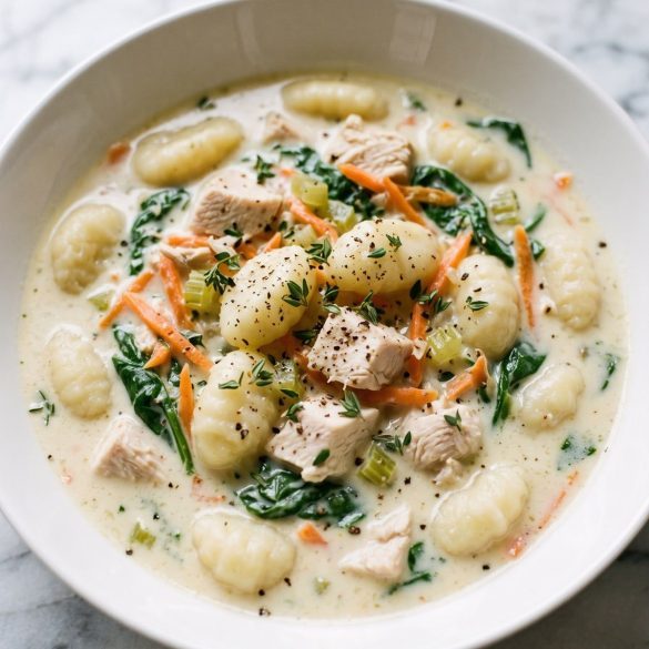 A bowl of creamy chicken gnocchi soup with spinach and carrots