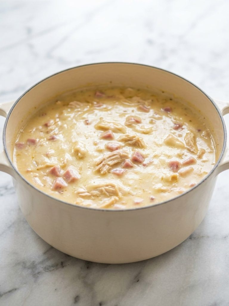 Creamy chicken, ham and Swiss soup in a large pot