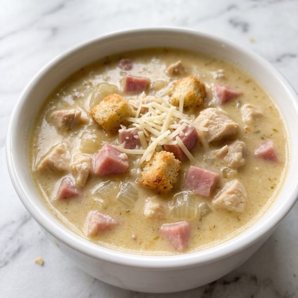 A bowl of creamy cordon bleu soup with chicken, ham, melted Swiss and croutons