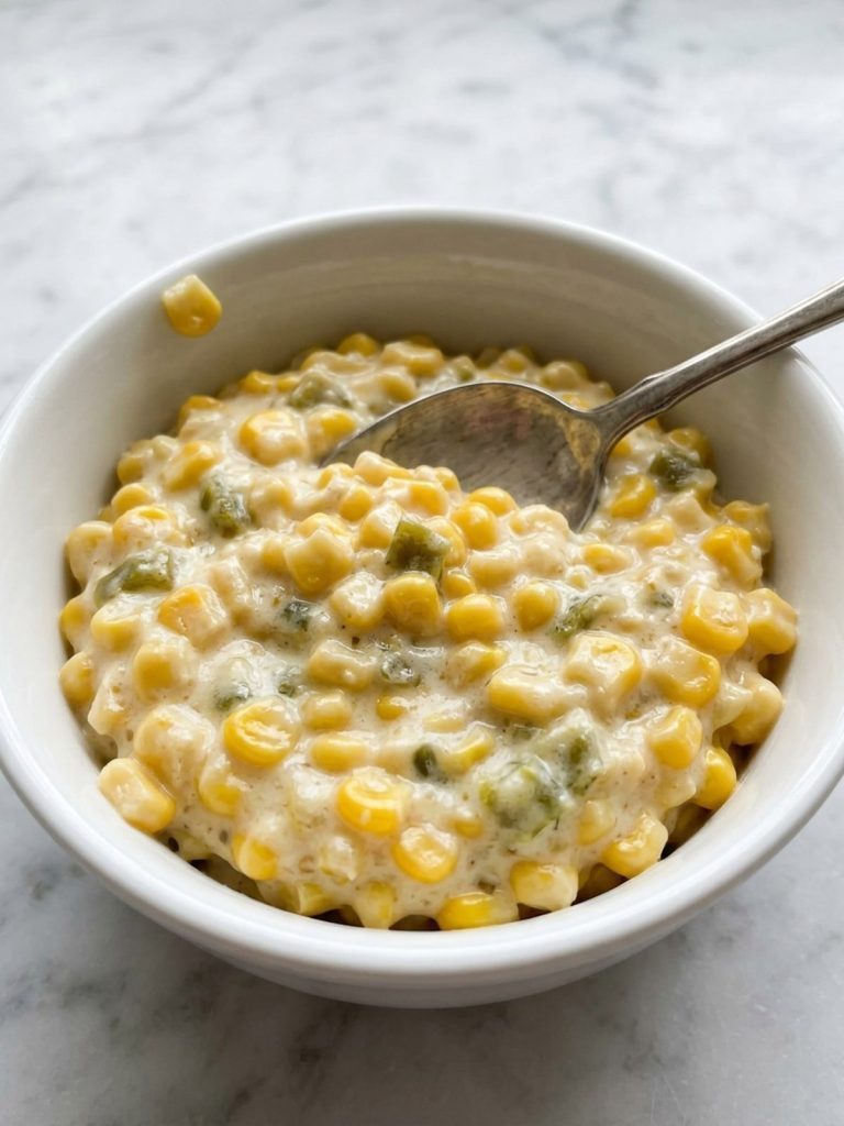 Close view of a spoonful of creamy corn and green chili casserole in a white bowl