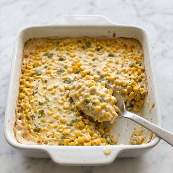 Creamy corn and green chili casserole in a square baking dish with a spoonful scooped out