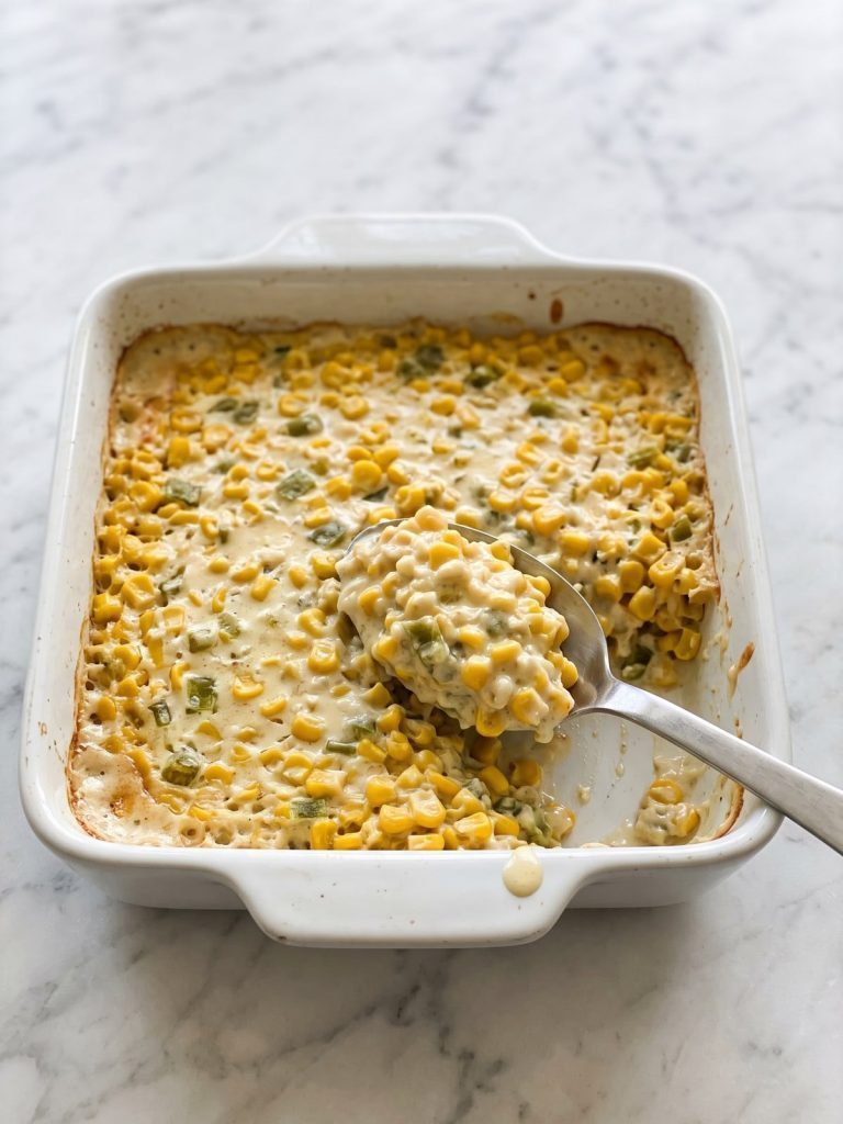Creamy corn and green chili casserole in a square baking dish with a spoonful scooped out