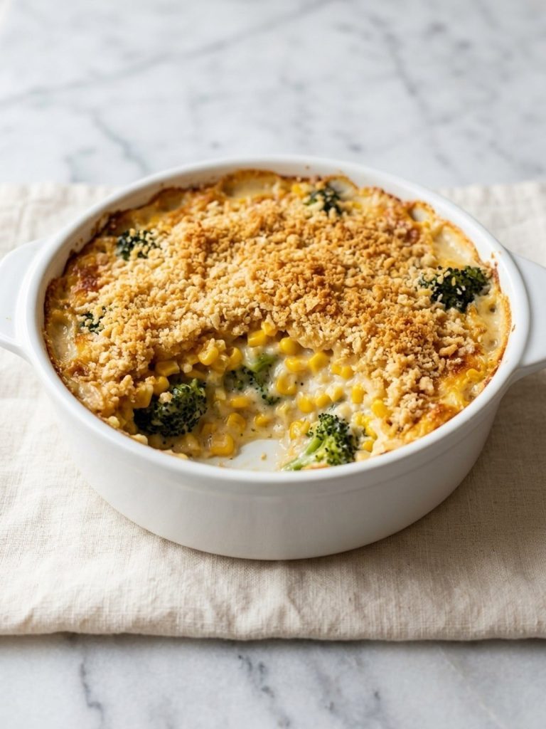 Corn and broccoli casserole with a golden cracker crust in a round baking dish