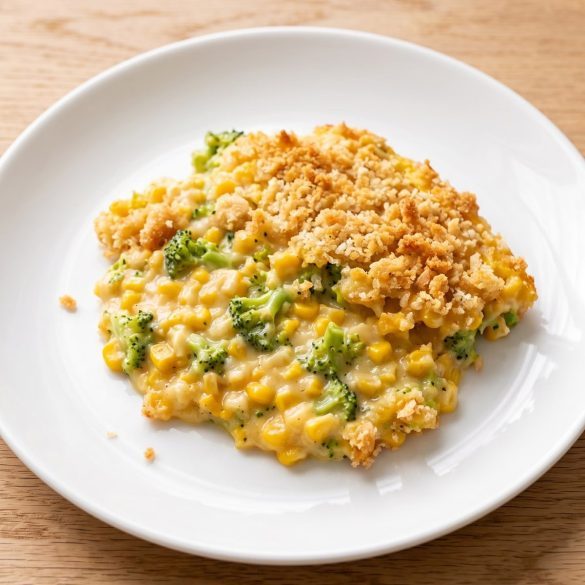 A serving of corn and broccoli casserole with a golden cracker topping on a plate