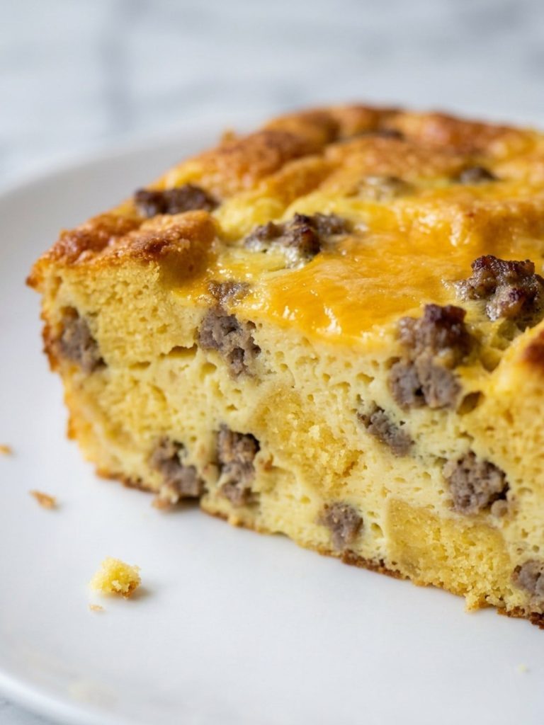 Close view of a square of cornbread breakfast casserole showing cornbread, sausage, set egg and melted cheddar