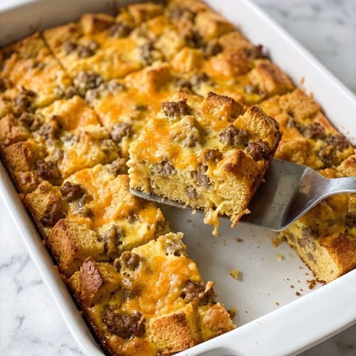 Golden cornbread breakfast casserole in a white 9x13 baking dish with one square lifted out on a spatula