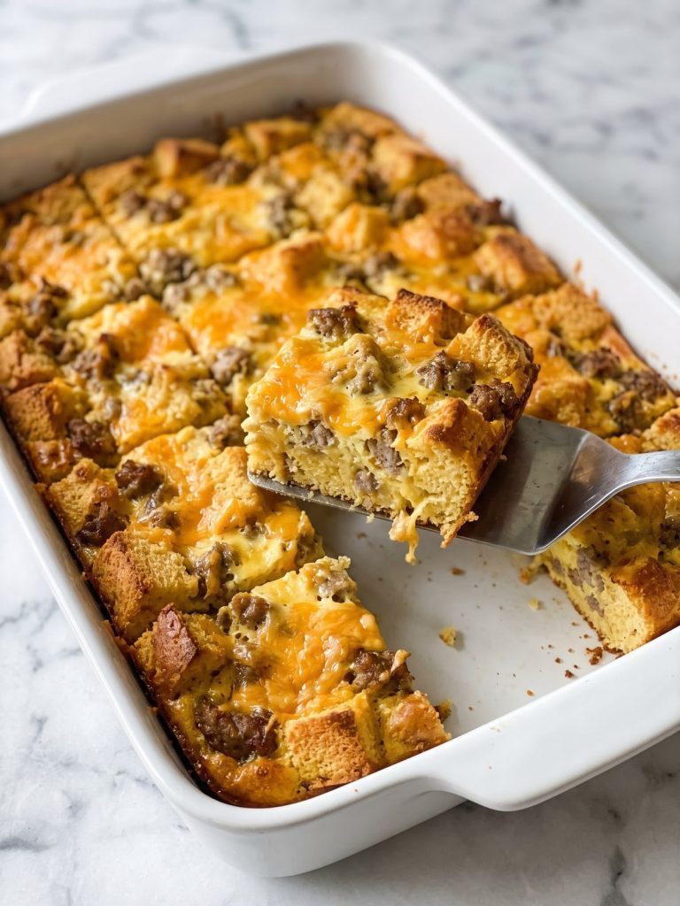 Golden cornbread breakfast casserole in a white 9x13 baking dish with one square lifted out on a spatula