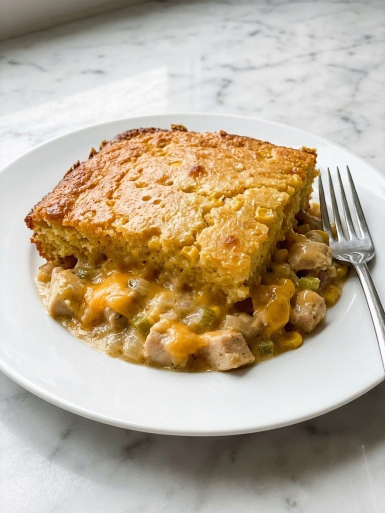 A white plate with a square serving of chicken cornbread casserole showing the golden cornbread top over creamy chicken filling
