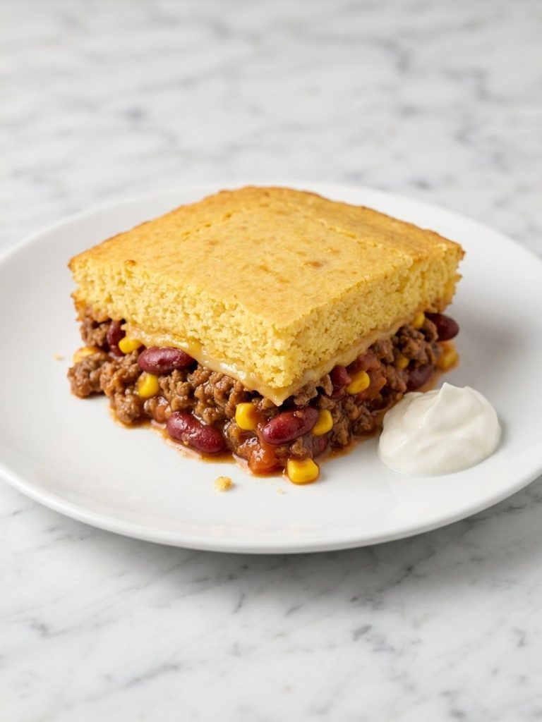 A plate of cornbread cowboy casserole showing the cornbread top, cheese and beef and bean filling