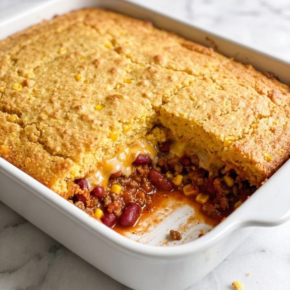 Cornbread cowboy casserole in a baking dish with a golden cornbread top, one square scooped out