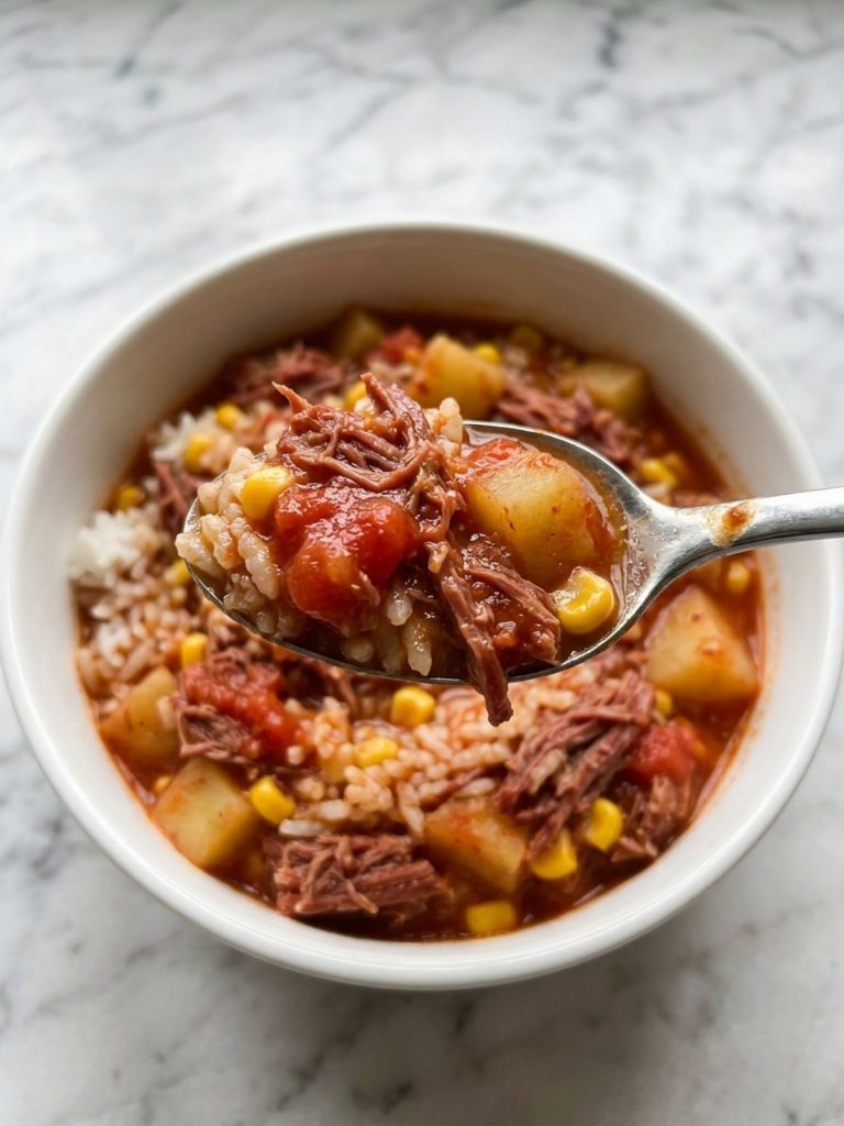 Close view of a spoonful of corned beef in tomato sauce with potatoes, corn and rice