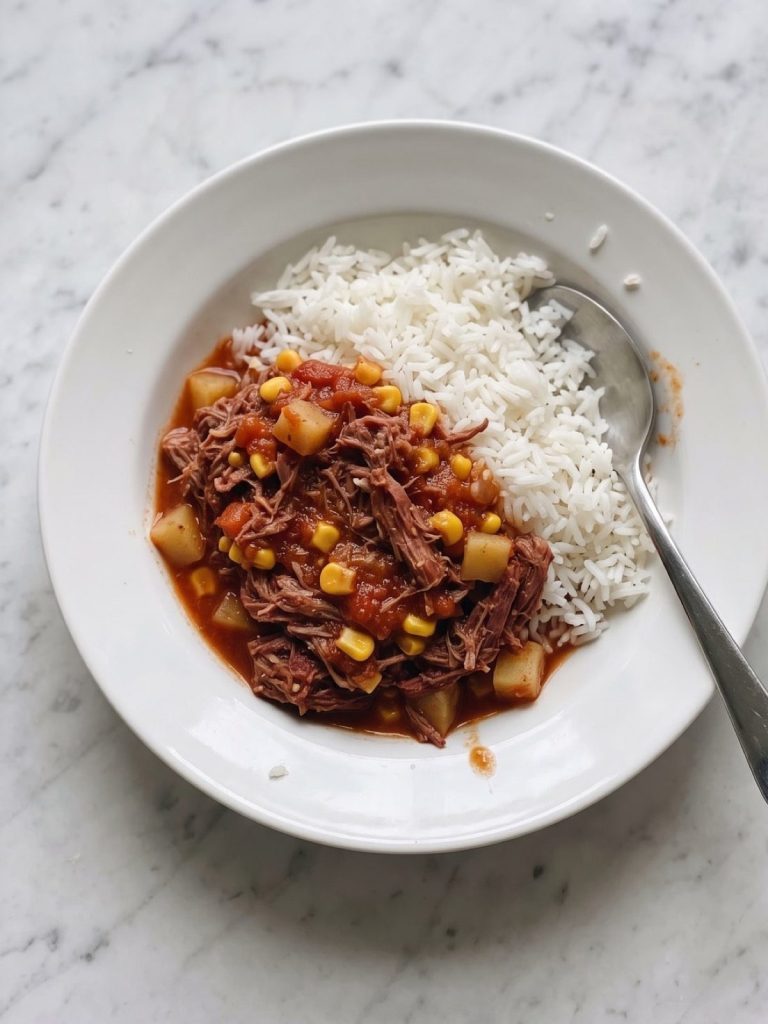 Saucy corned beef with potatoes and corn over white rice in a shallow bowl