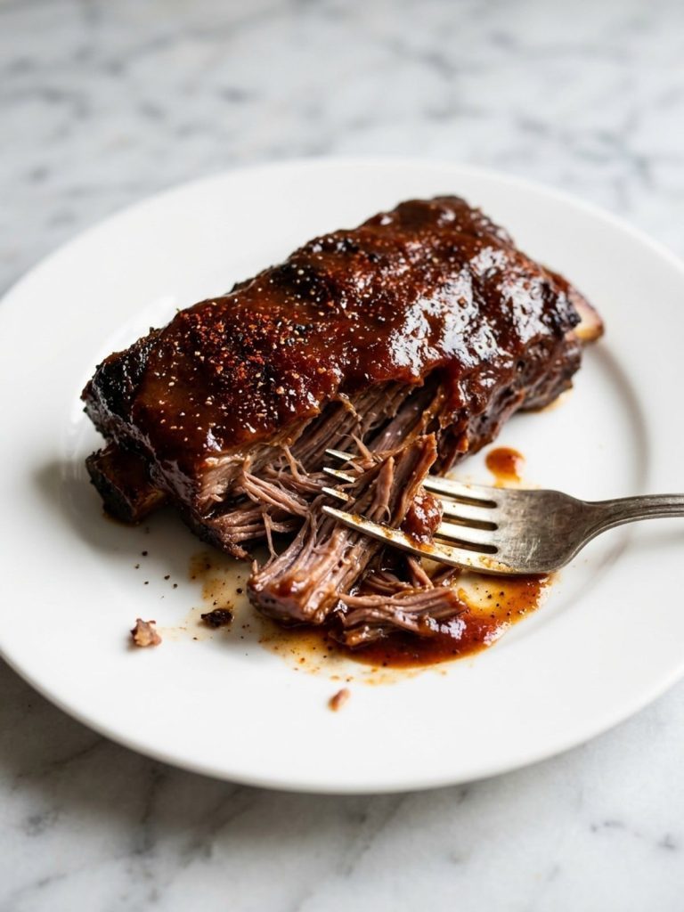 A served country-style beef rib with sauced meat pulled apart into tender strands.