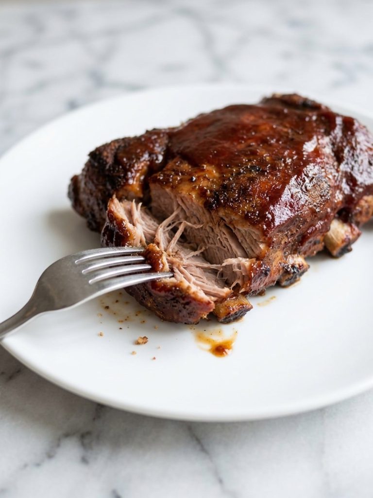 Close view of a served country-style pork rib pulling apart with a fork