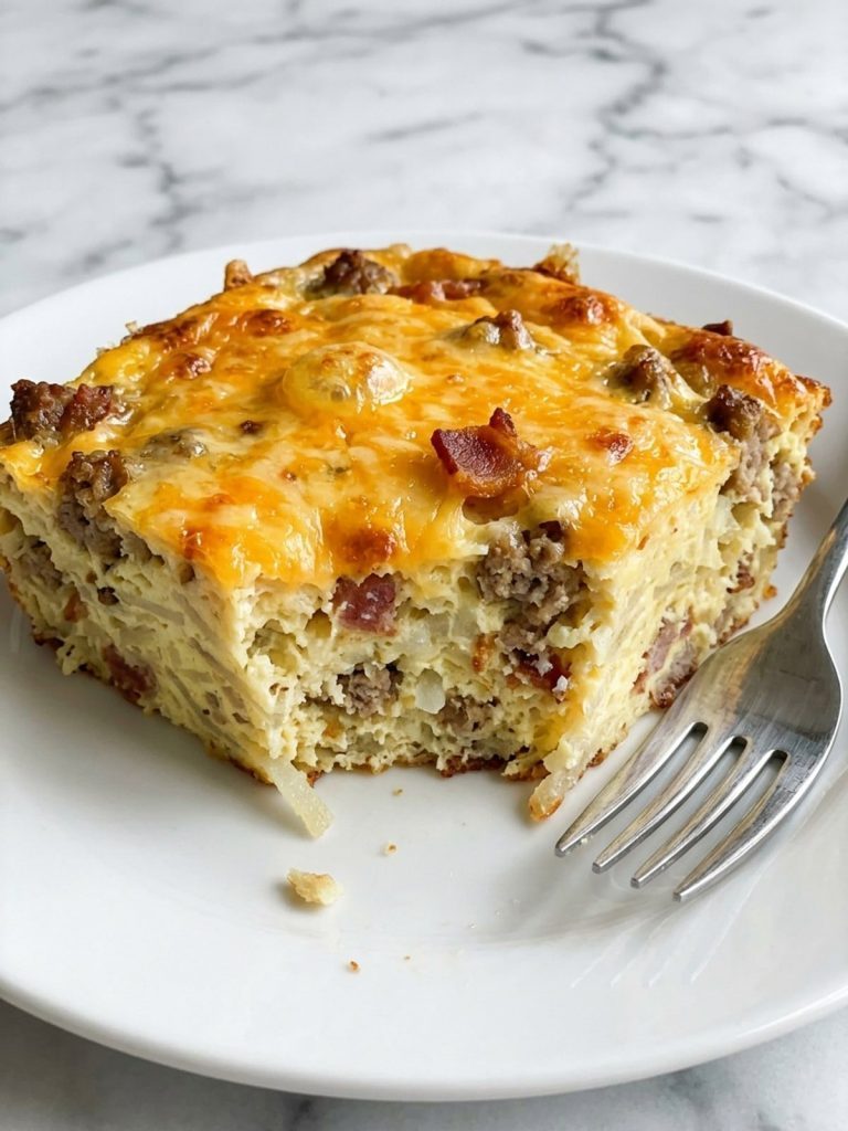 Close side view of one square of crack breakfast casserole on a white plate, showing set egg, hash browns, sausage, bacon and melted cheddar