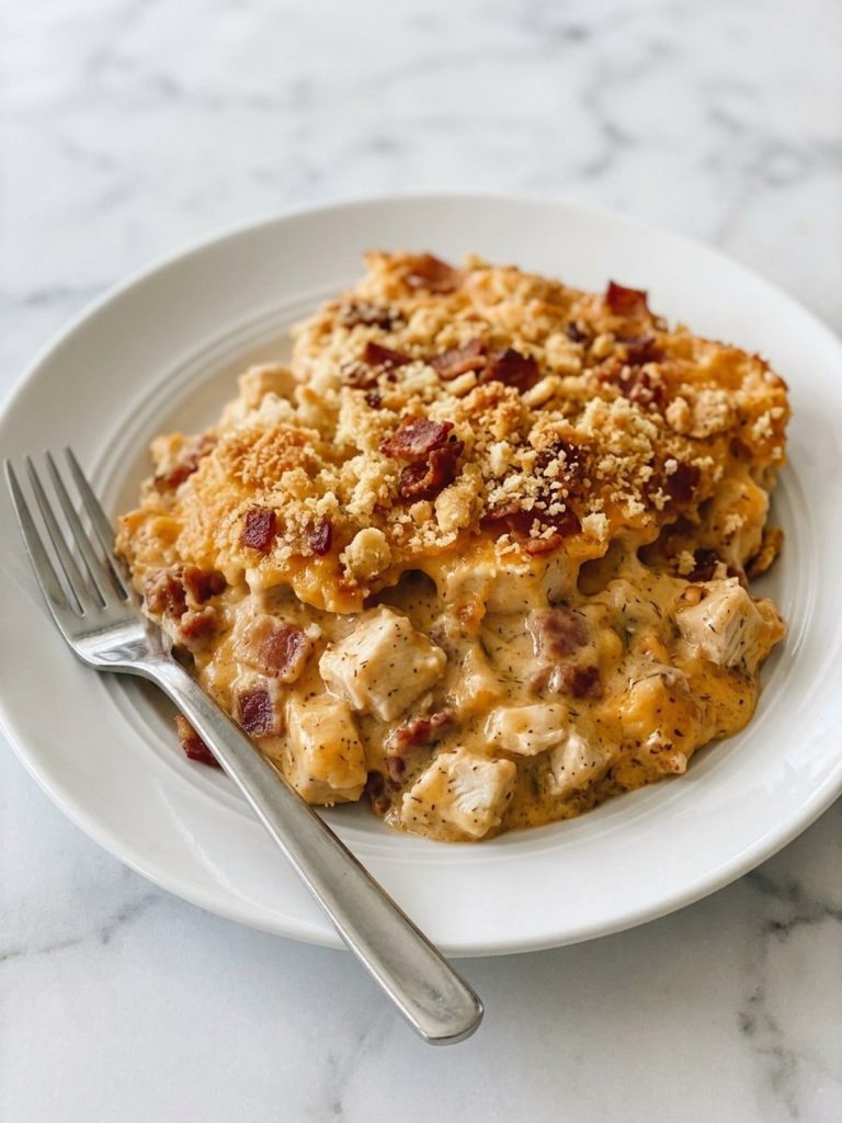 A white plate filled with crack chicken casserole showing chicken, bacon and cheddar in a creamy sauce under golden cracker crumbs