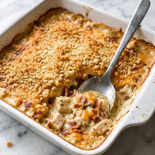 Crack chicken casserole in a square white baking dish with a golden cracker crumb topping, one corner scooped out