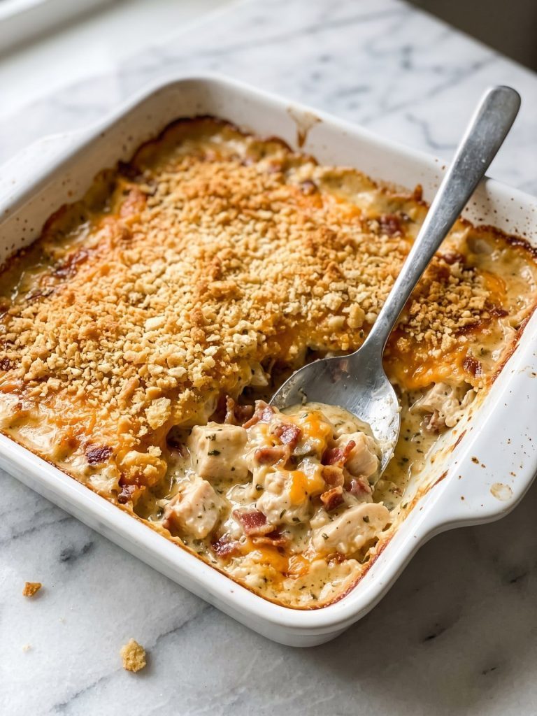 Crack chicken casserole in a square white baking dish with a golden cracker crumb topping, one corner scooped out