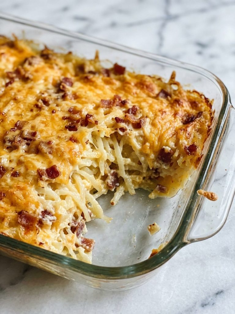 Close side view of golden-topped crack potatoes showing creamy shredded hash browns, melted cheddar and bacon
