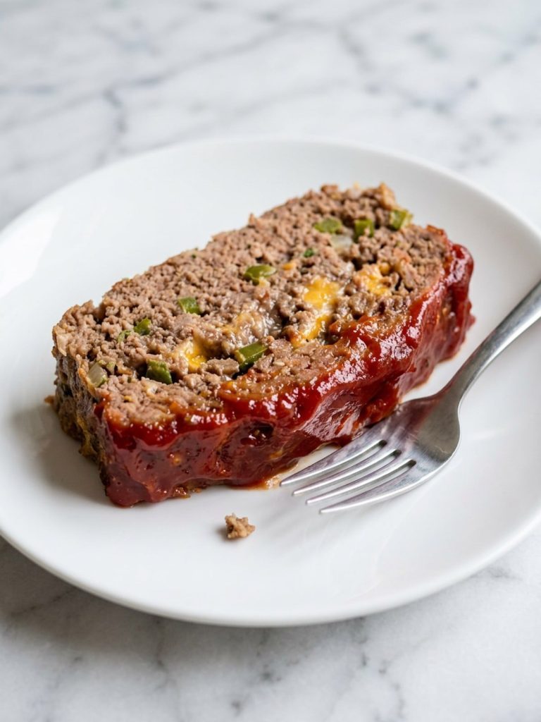 Close view of one slice of meatloaf with a baked ketchup glaze and flecks of green pepper and cheddar