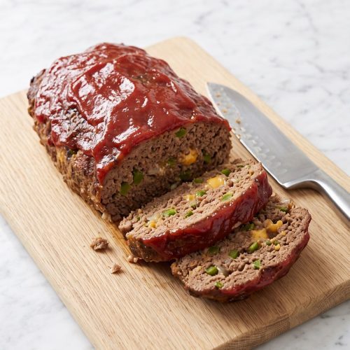 A glazed meatloaf on a cutting board with two slices cut to show the cheddar and green pepper inside