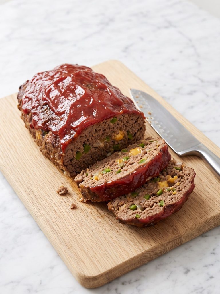A glazed meatloaf on a cutting board with two slices cut to show the cheddar and green pepper inside