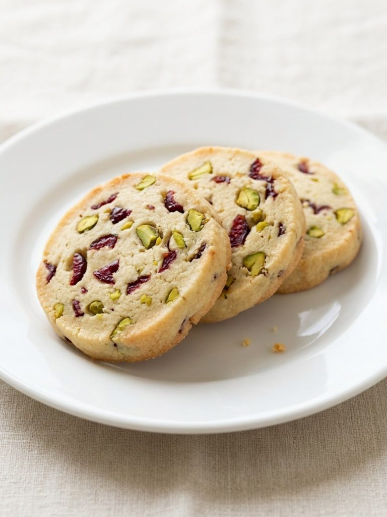 Close-up of cranberry pistachio shortbread cookies showing the red and green mix-ins