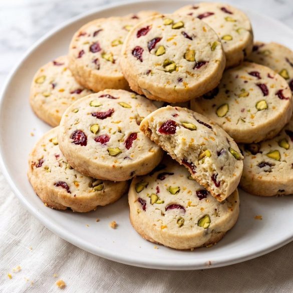 Round cranberry pistachio shortbread cookies with red cranberries and green pistachios on a plate