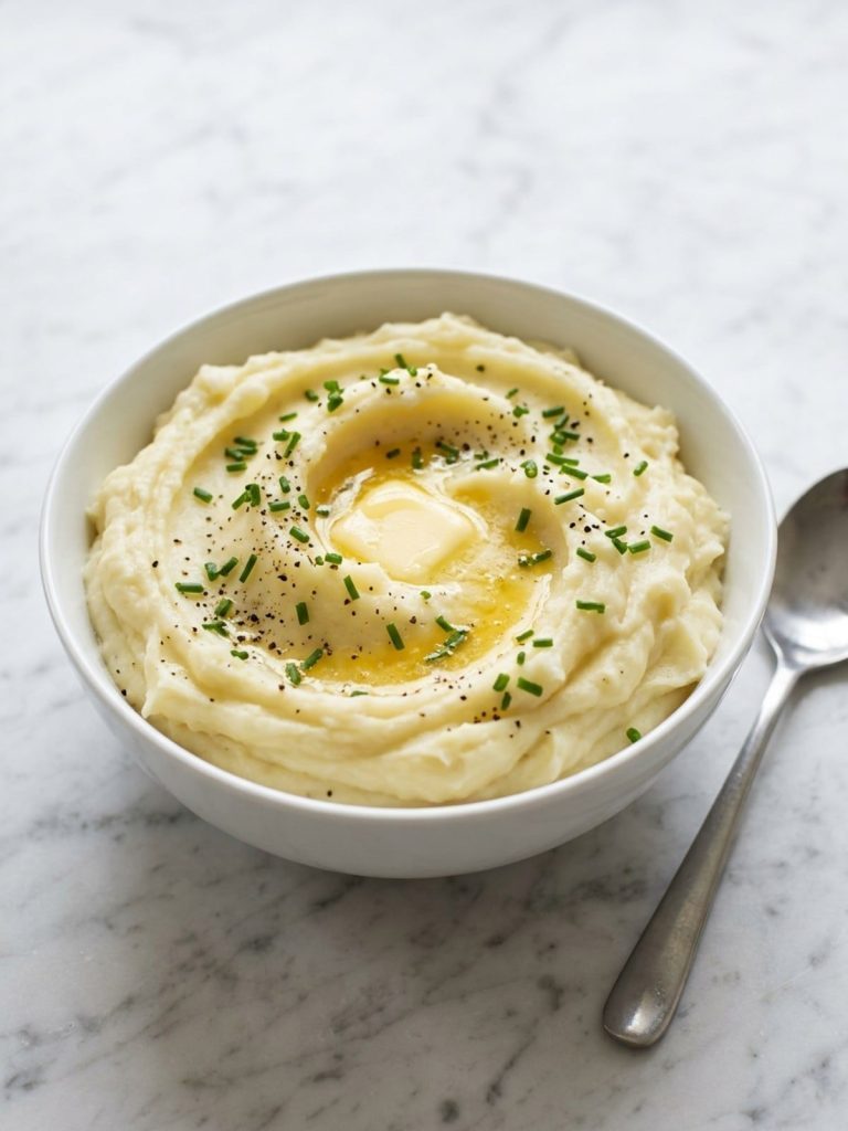 A white bowl filled with creamy mashed potatoes topped with a pat of butter and chopped chives