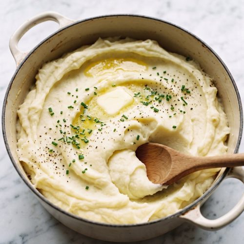 A cream Dutch oven full of smooth, fluffy cream cheese mashed potatoes with melting butter and chives, with a wooden spoon