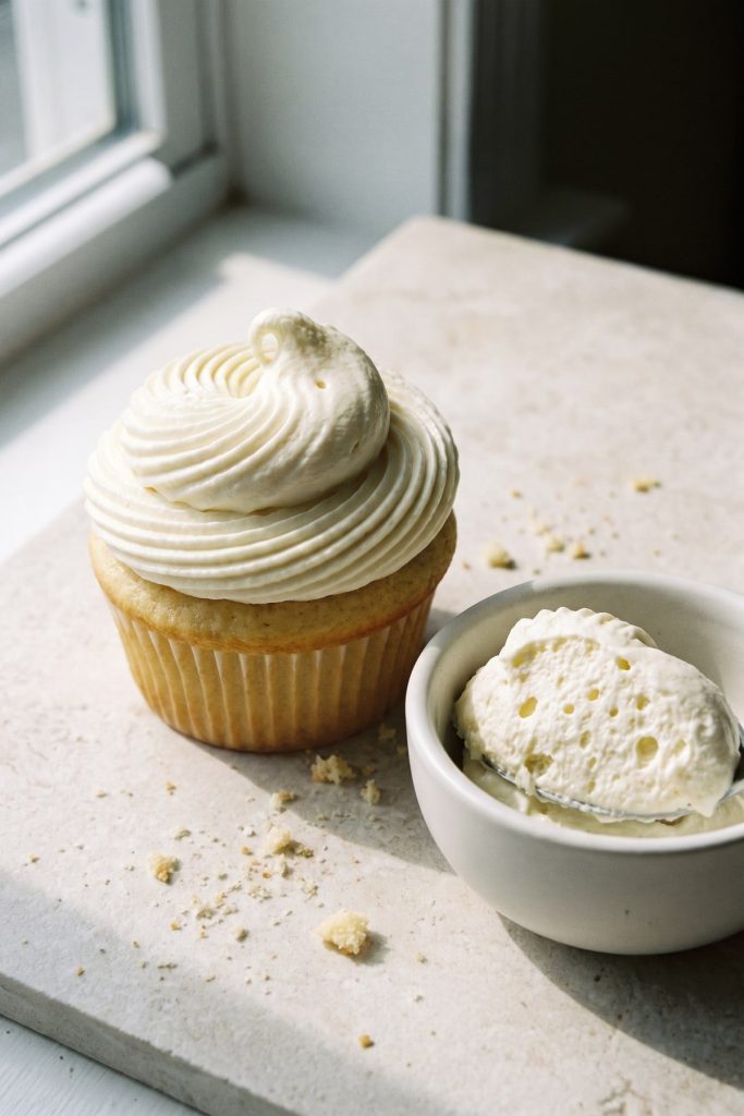 Vanilla cupcake topped with cream cheese whipped cream beside a bowlful