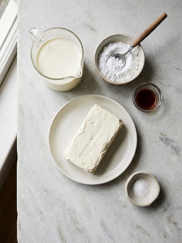 Cream cheese, heavy cream, confectioners sugar, vanilla and salt