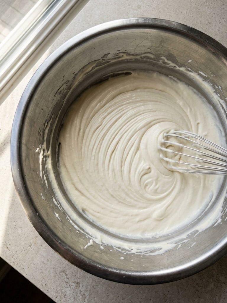Smooth cream cheese base in a metal bowl before heavy cream is added