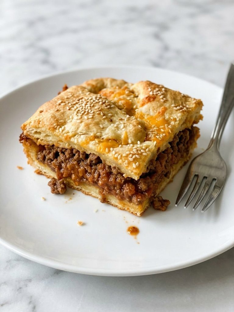 A square of crescent roll sloppy joe bake on a plate showing saucy ground beef and melted cheddar between two golden crusts