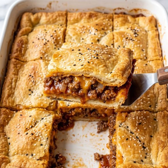 Crescent roll sloppy joe bake with a golden sesame-topped crust in a white baking dish, one square lifted to show the beef and cheddar filling