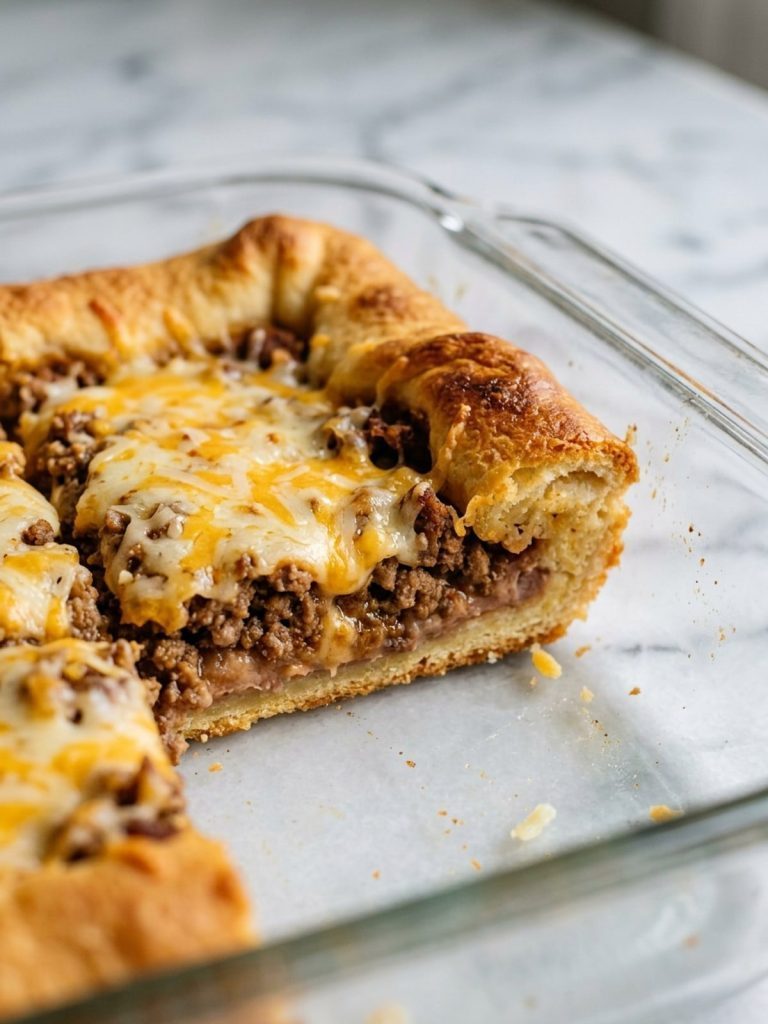 Close view of the golden crescent edge and layered bean, beef, and melted cheese filling.