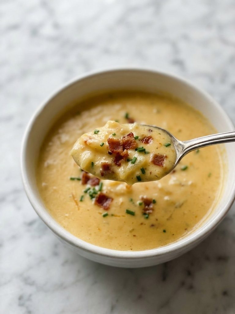 Close view of a spoonful of creamy potato soup with shredded potatoes, melted cheese and bacon