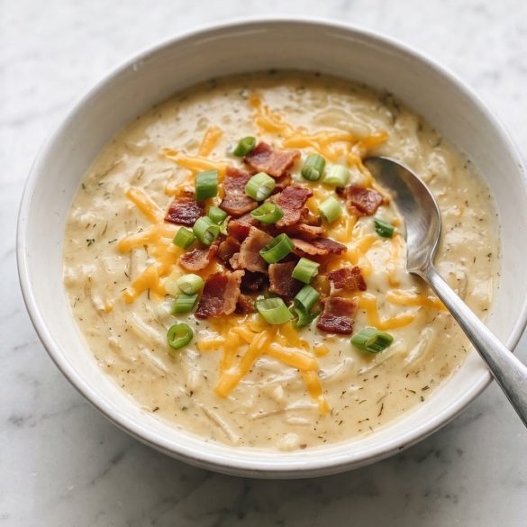 A bowl of creamy crack potato soup topped with cheddar, bacon and green onions